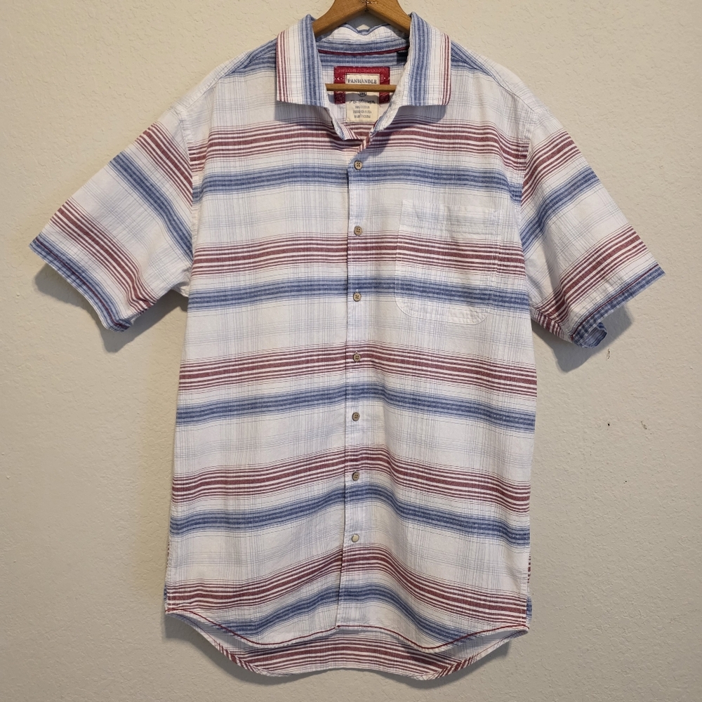 Panhandle Rough Stock Button Up Shirt Red White Blue Cotton Short Sleeve Men's M